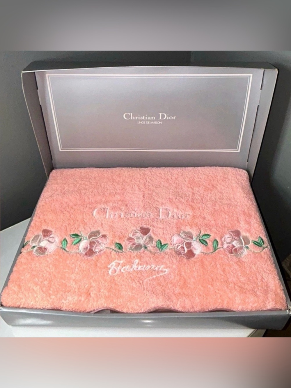 Christian Dior Peach Pink Floral Embroidered Bath Towel in Box